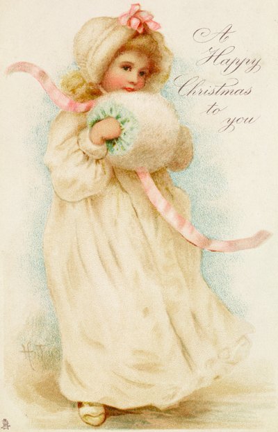 Christmas card depicting a girl with a muff by English School